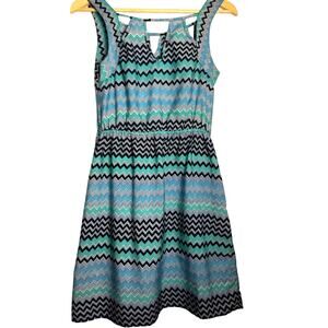 LOVE, FIRE Blue & Teal Chevron Zig Zag Midi Dress, Size S